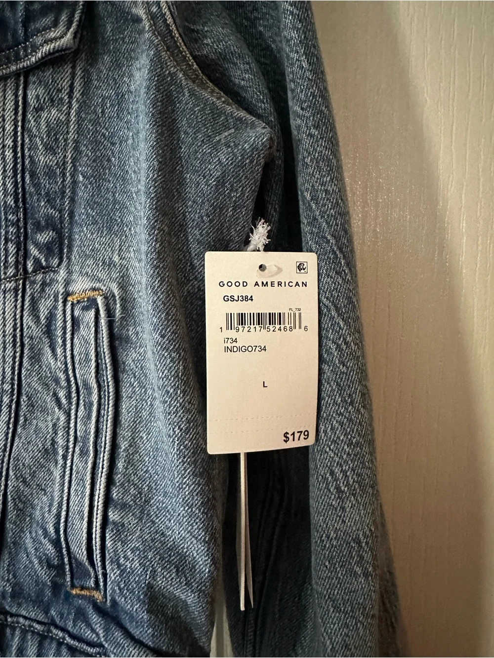 Good American Distressed Light Blue Denim Jacket NWT SIZE LARGE - Picture 2 of 3